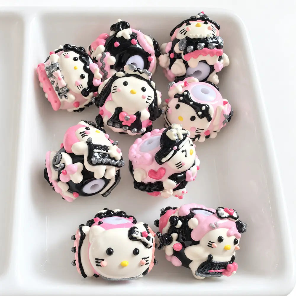 Hand-Painted Gothic Cat Bead Set – 9 Pieces