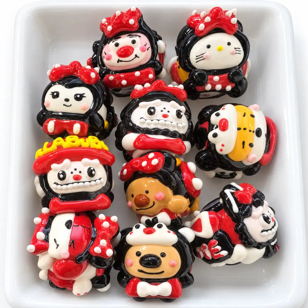 Red & Black Hand-Painted Acrylic Bead Set – 10 Pieces