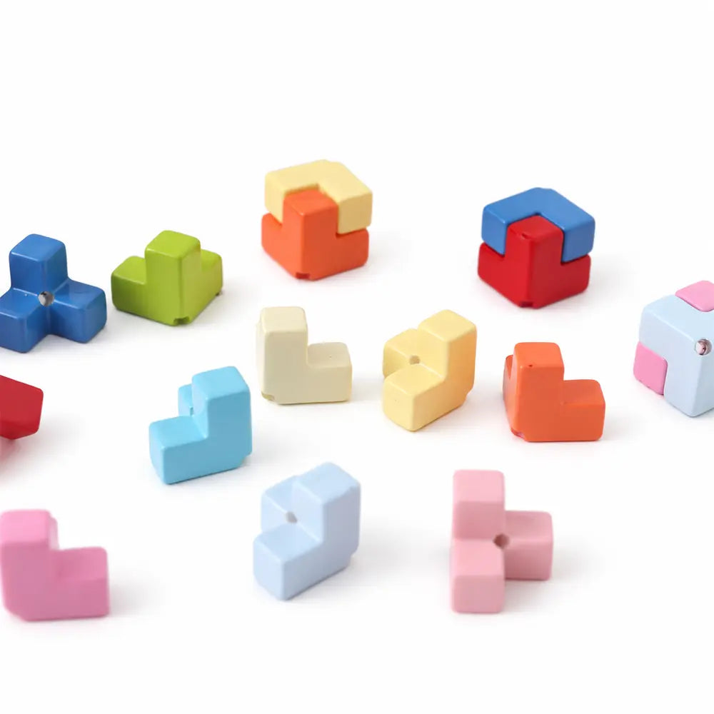 Acrylic puzzle bead pieces in multiple colors, with examples of contrasting colors joined into squares.