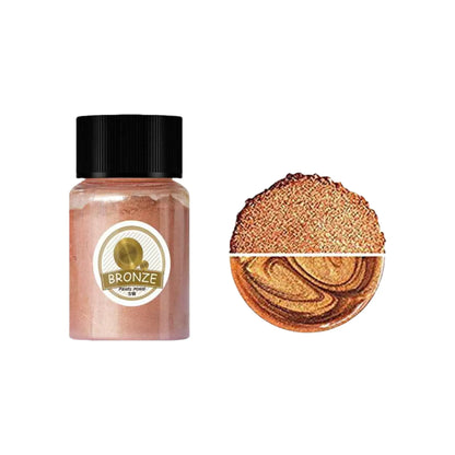 Bronze mica pigment powder bottle beside matching powder and a pearlescent color swatch.