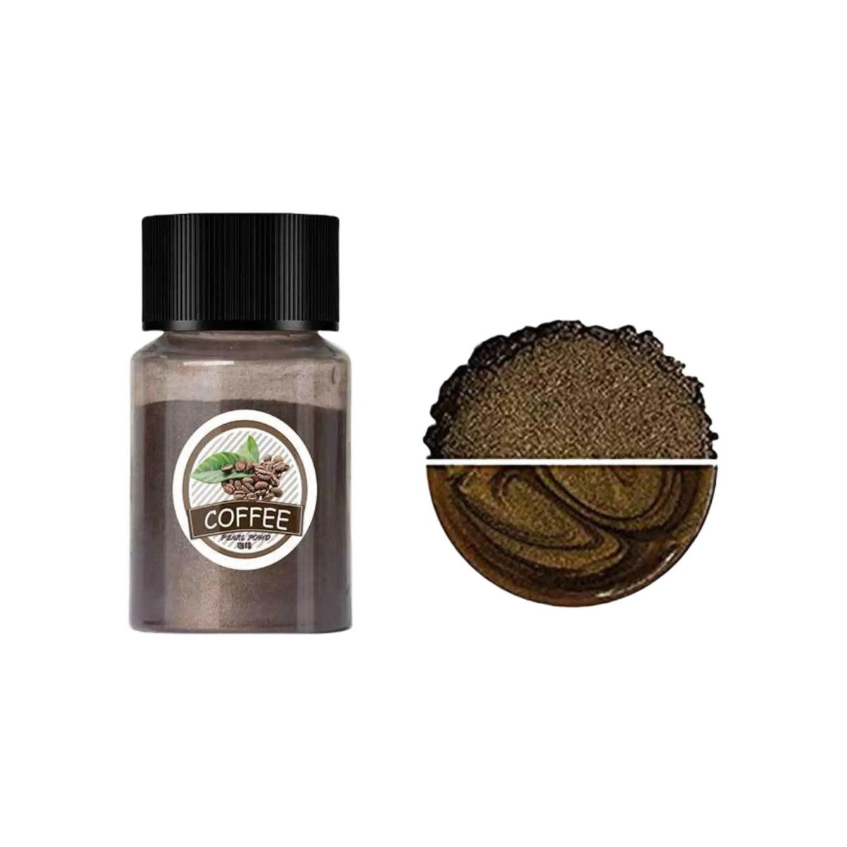 Coffee-brown mica pigment powder bottle beside matching powder and a pearlescent color swatch.