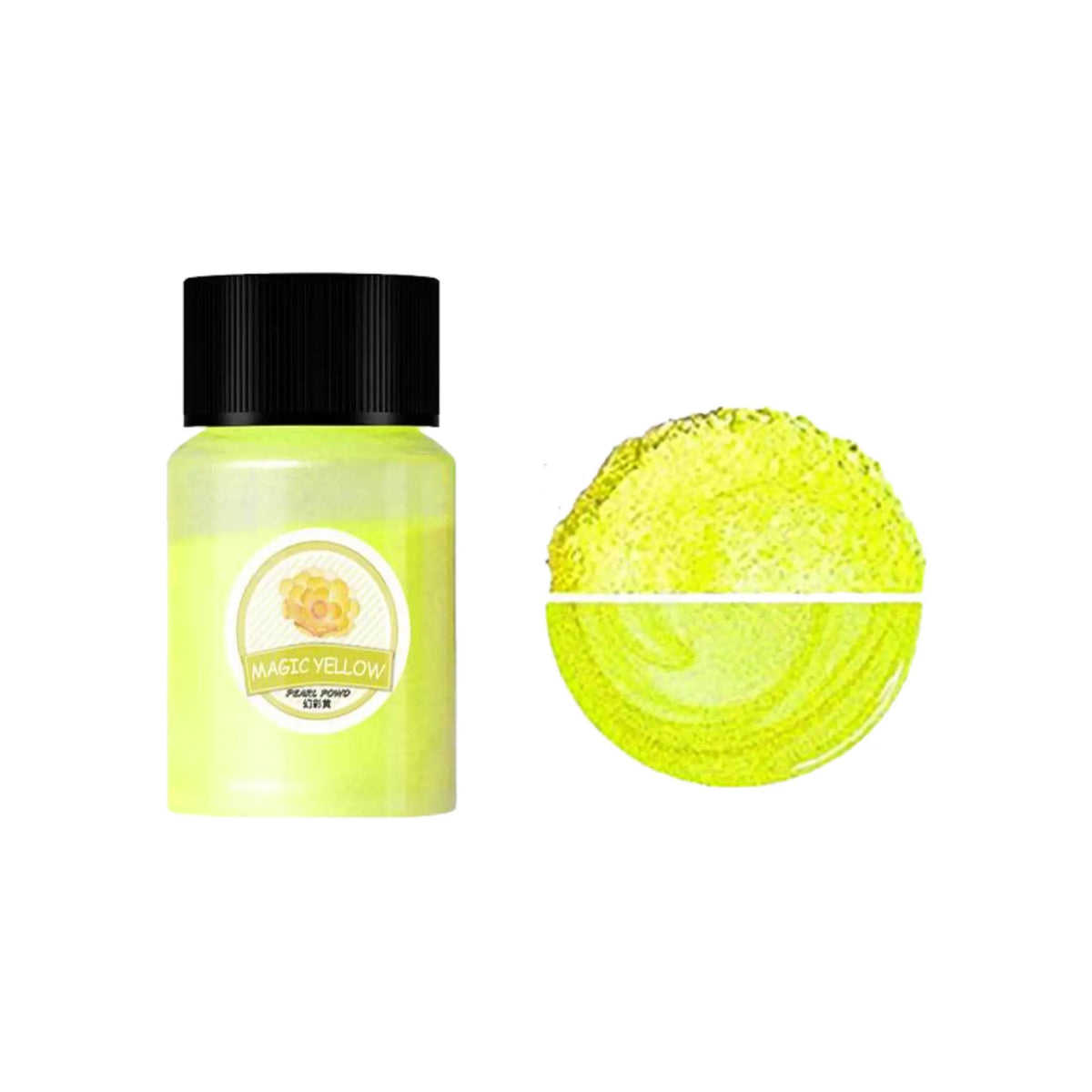 Magic Yellow mica pigment powder bottle beside bright yellow powder and a pearlescent color swatch.