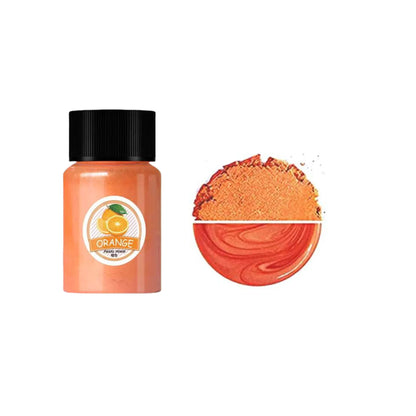 Orange mica pigment powder bottle beside matching powder and a pearlescent color swatch.