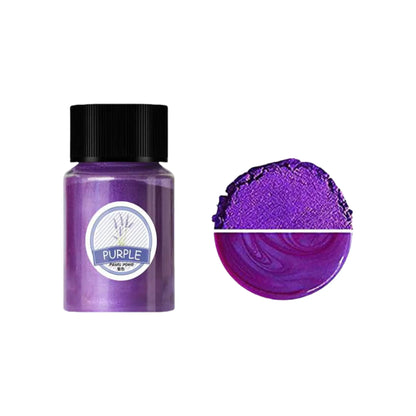 Purple mica pigment powder bottle beside matching powder and a pearlescent color swatch.