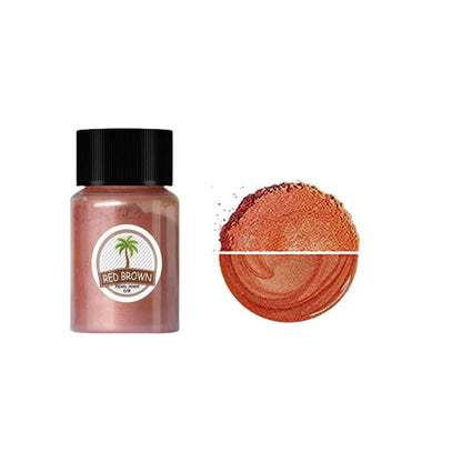 Red Brown mica pigment powder bottle beside matching powder and a pearlescent color swatch.