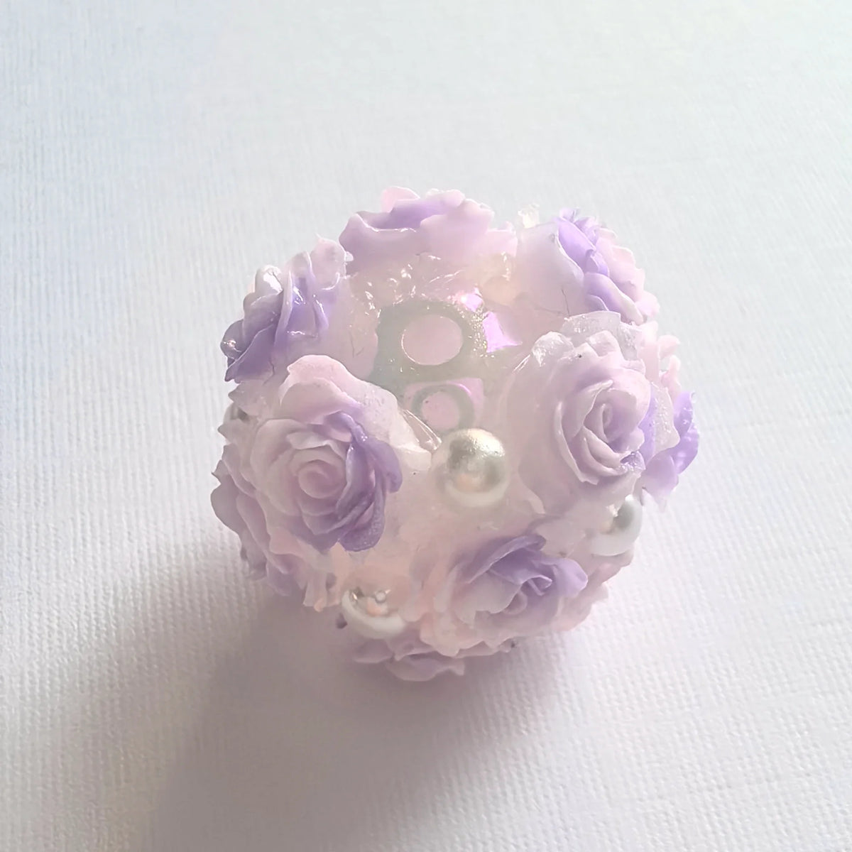 Purple rose flower ball bead with opaque lilac rose petals, pearl-like accents and a threading hole.