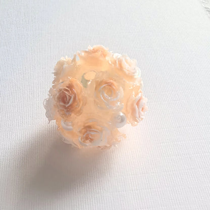 Champagne Gold rose flower ball bead with layered roses, pearl-like accents and a threading hole.