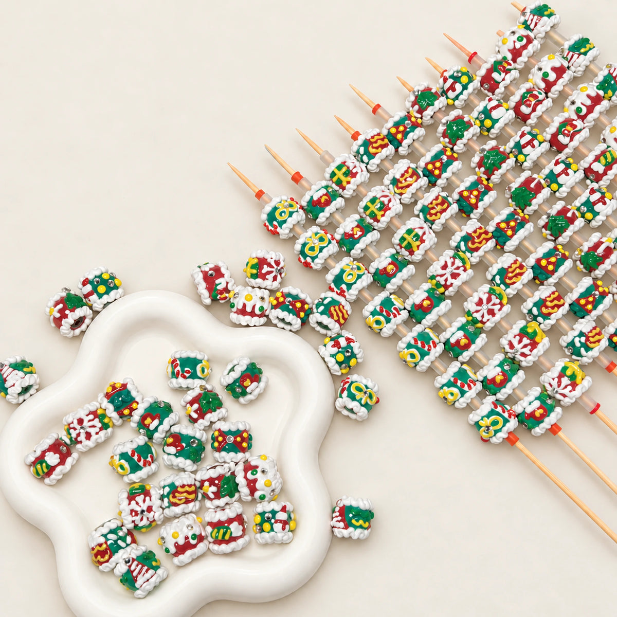 Christmas 3D hand-painted beads with loose bead assortment and threaded display rods