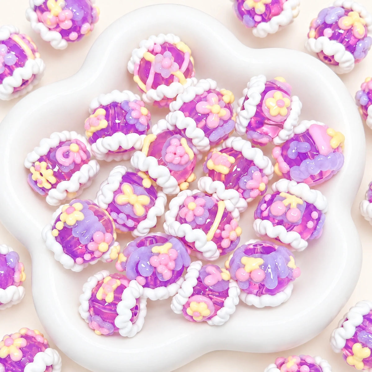 Taro grape purple hand-painted 3D jelly beads on white organic ceramic tray, decorated with pastel flowers, bows and white wavy edges
