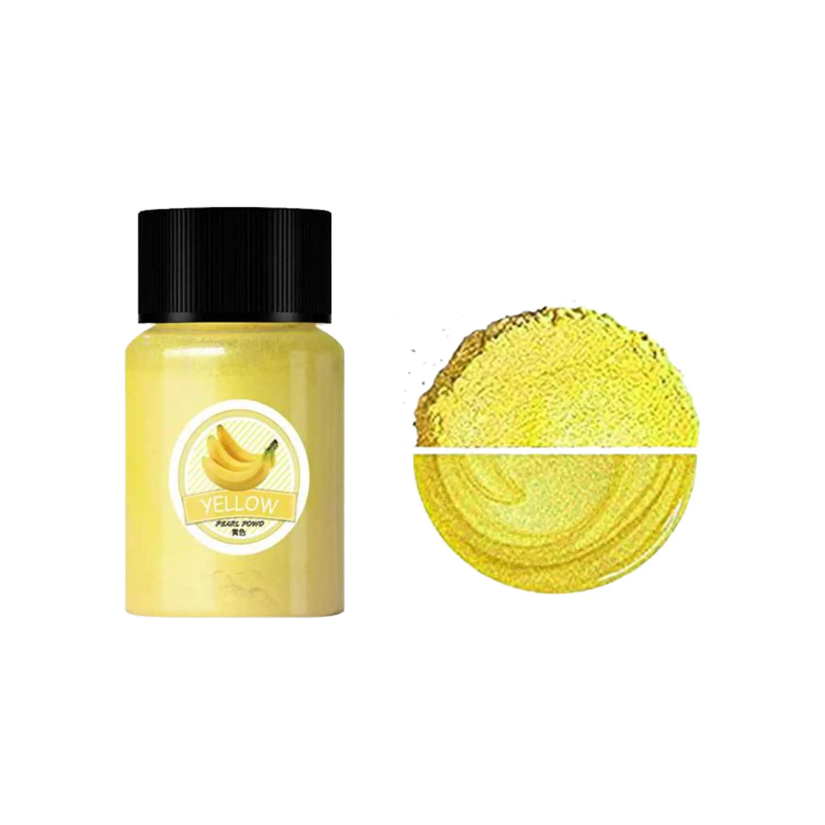 Yellow mica pigment powder bottle beside matching powder and a pearlescent color swatch.